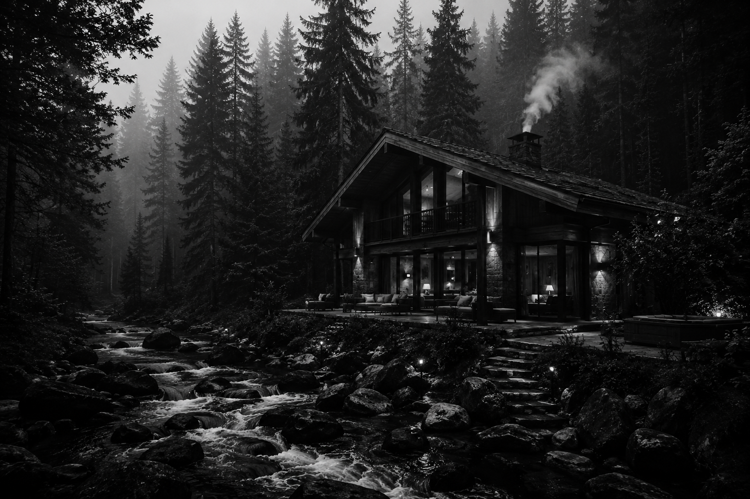 A cozy wooden cabin with lit windows and smoke coming from the chimney, nestled among tall pine trees in a foggy forest by a flowing river.