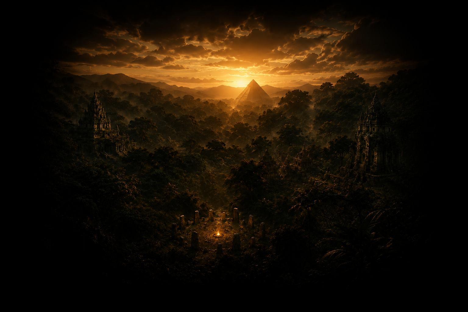 Sunset over a lush forest with ancient temple ruins and a pyramid in the background.