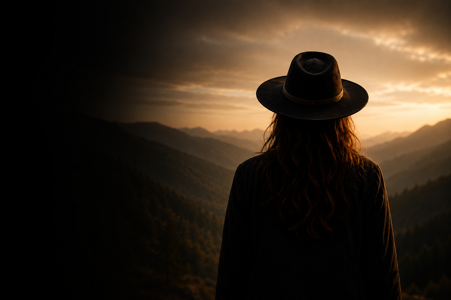 Person with long hair wearing a black wide-brimmed hat and black jacket, looking at a mountain landscape during sunset.