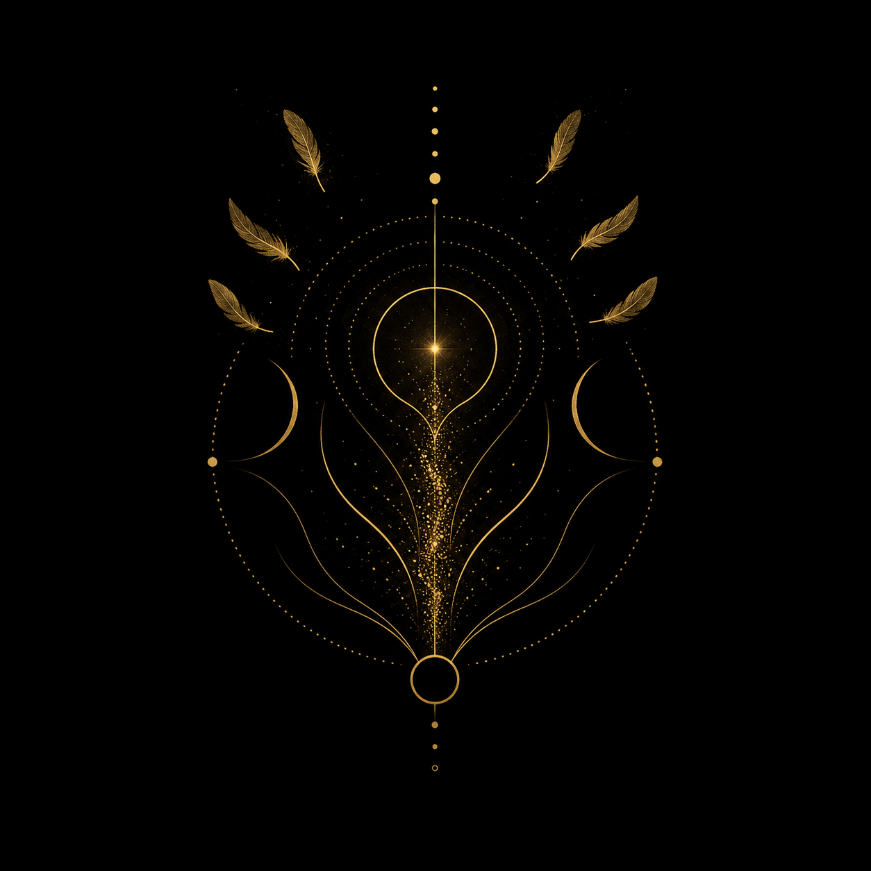 Gold geometric and celestial design with feathers, crescent moons, circles, and dotted lines on a black background.