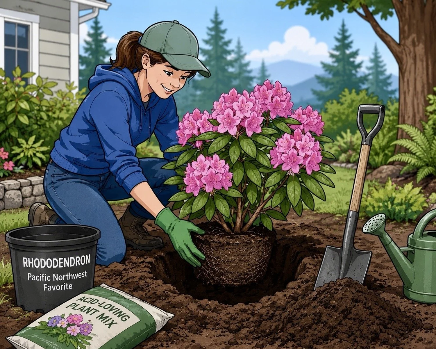   Person planting a rhododendron in a partially shaded garden  