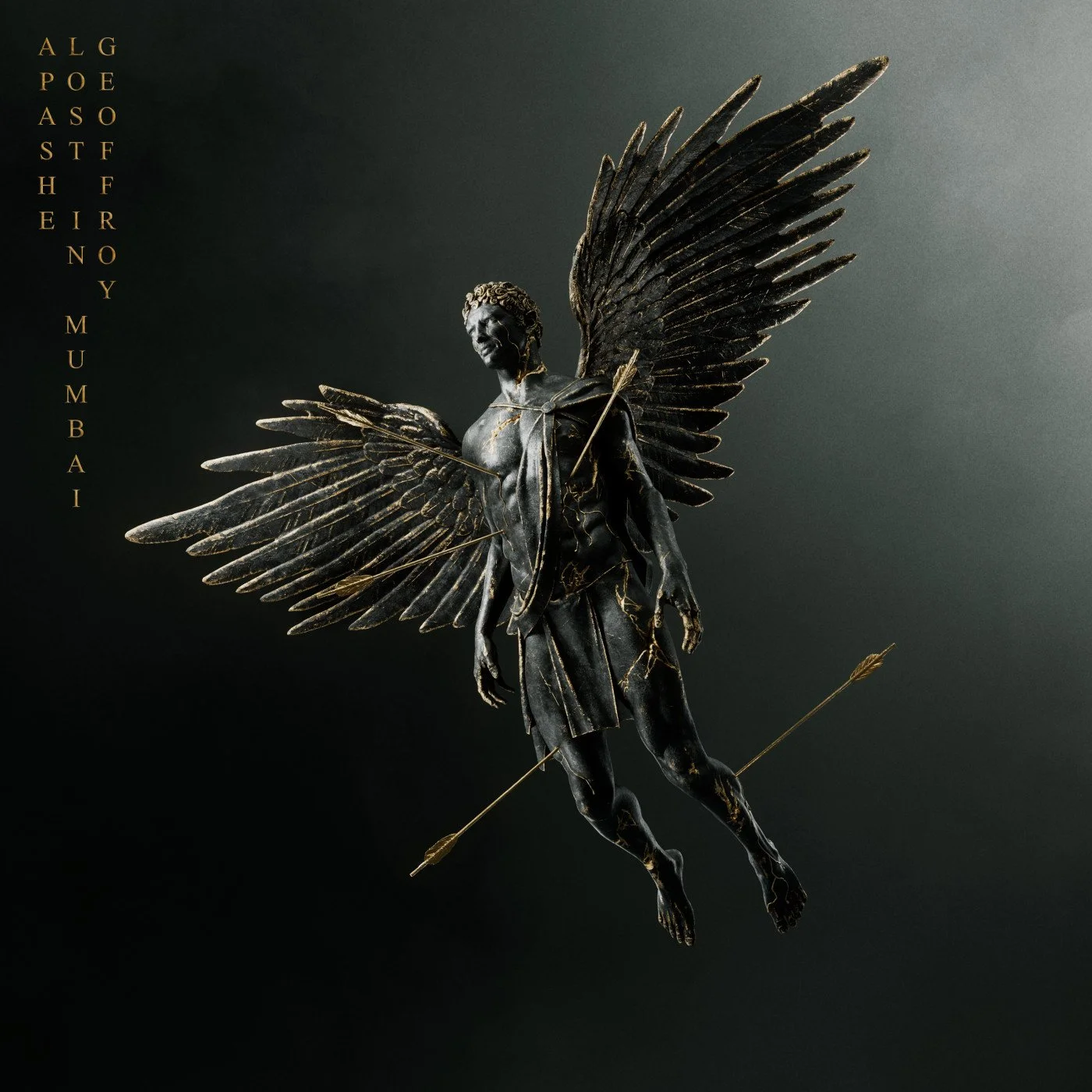 Dark statue of a winged man with a bow, arrow, and a golden chain details, set against a dark background with gold text on the left.
