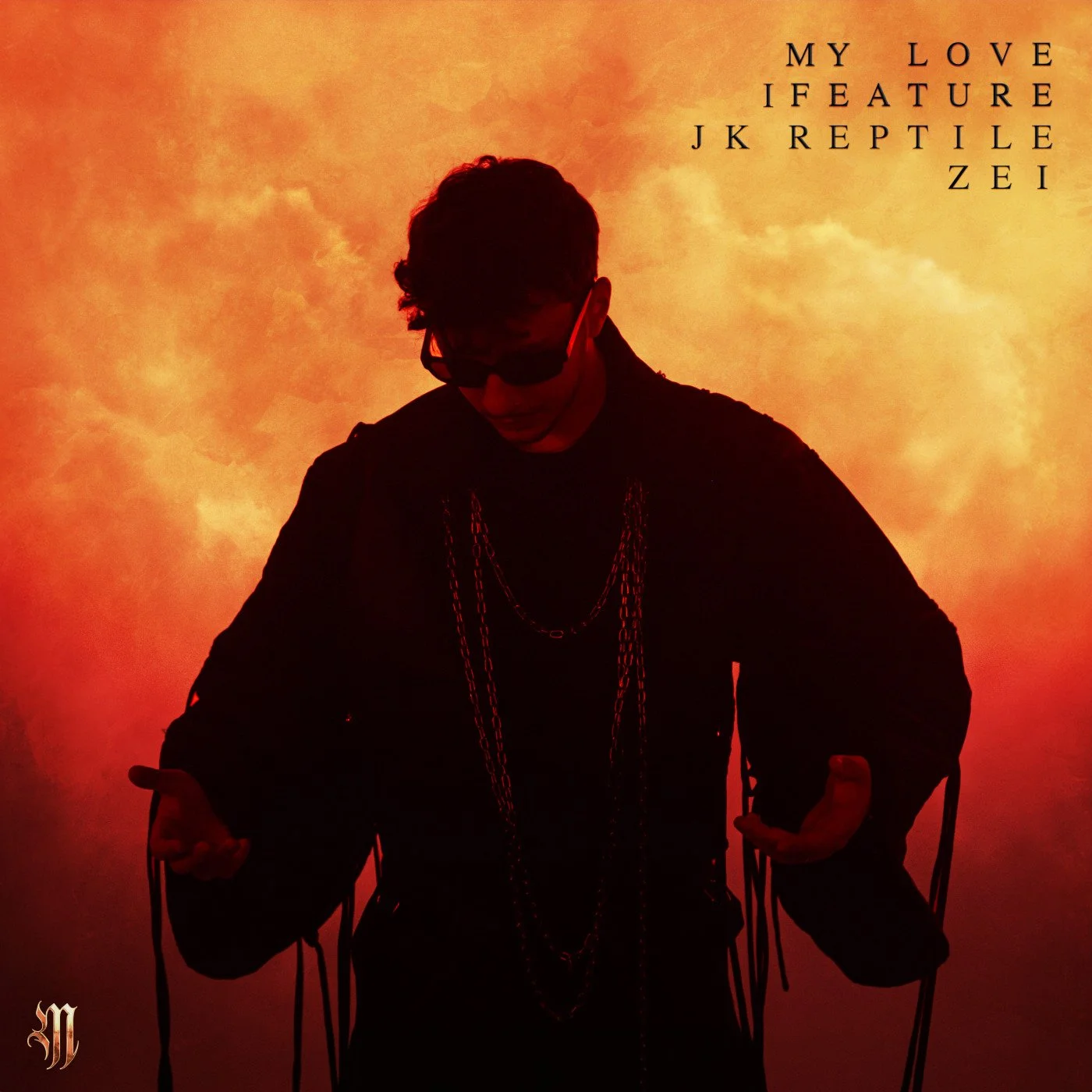 A silhouette of a man wearing dark sunglasses, chains, and a black jacket stands against an orange and yellow cloudy sky background.