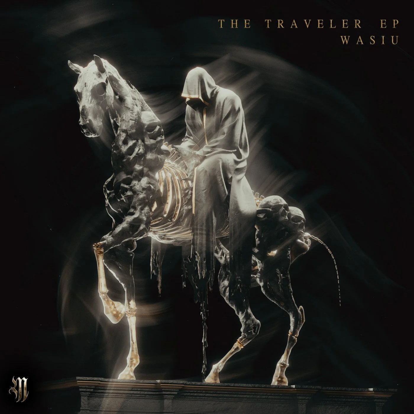 Artwork titled 'The Traveler EP' by Wasiu featuring a statue of a hooded figure riding a horse with a skeletal appearance against a dark background.