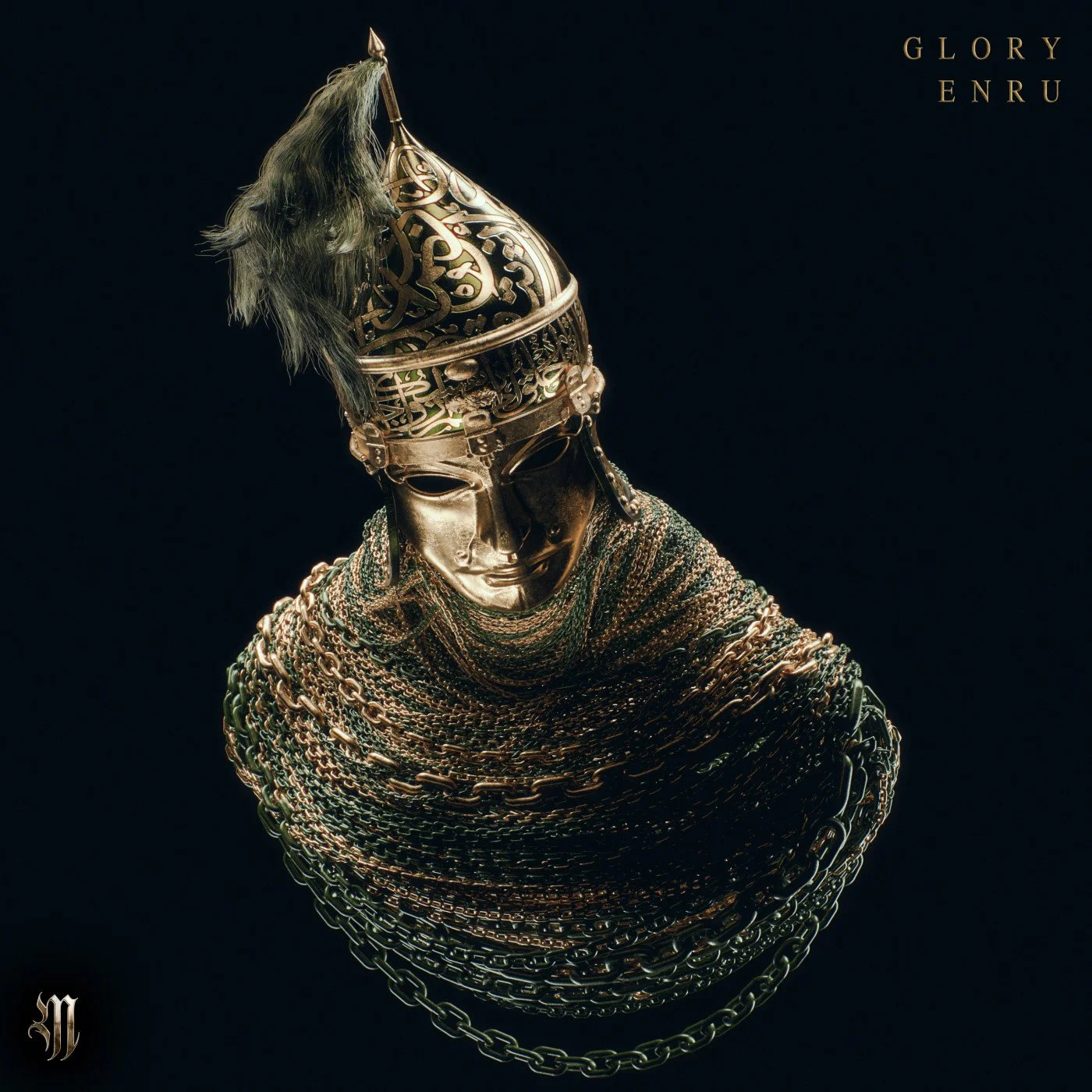Gold mask and crown adorned with chains and chains on shoulders, set against a black background. Words 'GLORY' and 'ENRU' are in the top right corner.