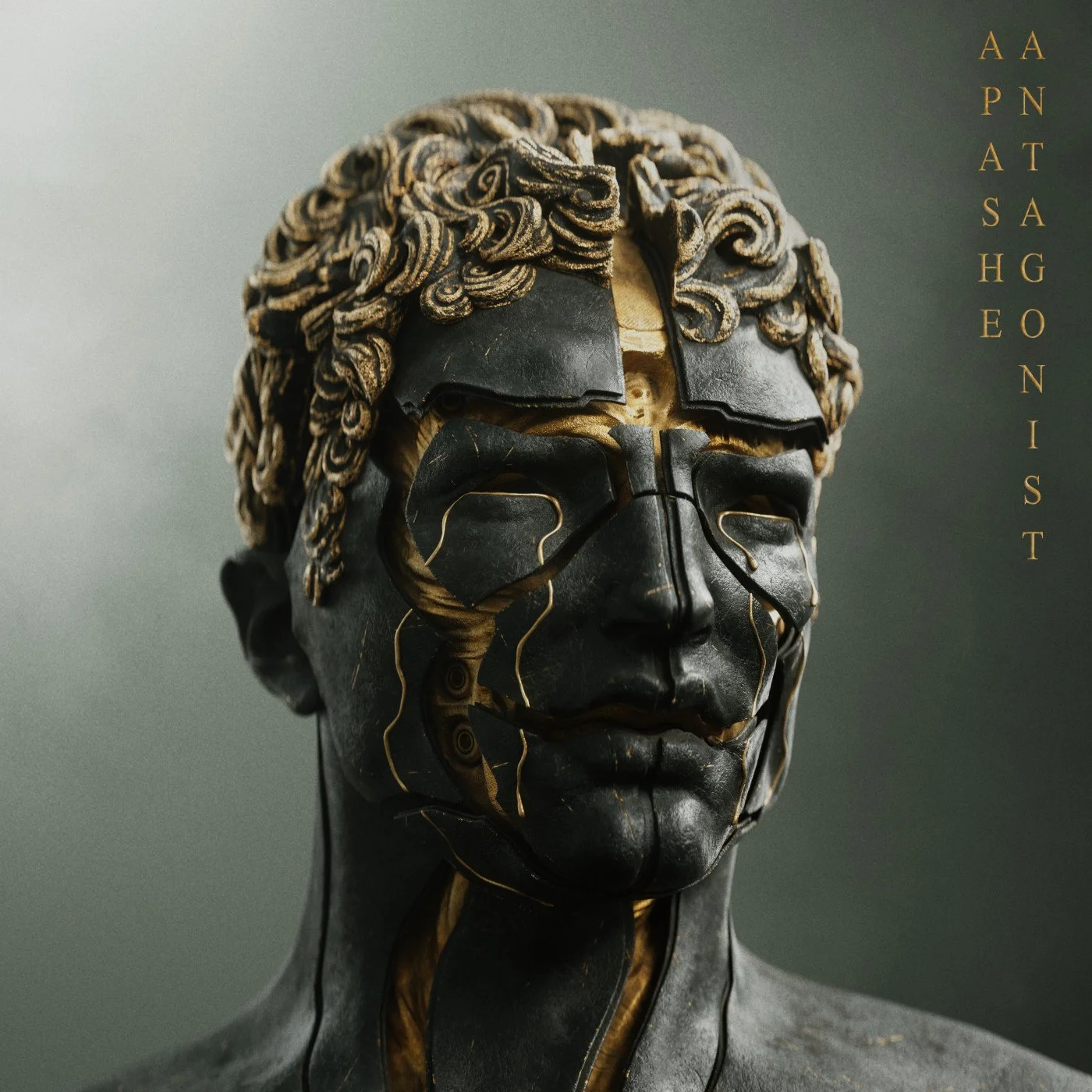An art sculpture of a human head with black and gold elements, featuring intricate, curly hair and a face with broken, cracked black panels and gold accents. Text on the right side reads 'APASH EONI' and 'ANATAS'.