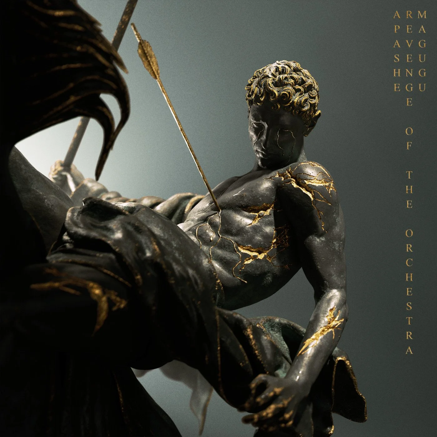A black and gold statue of a classical male figure with curly hair, holding a spear, with a gold crackle pattern on his body and draped clothing. Vertical text on the right reads 'ARM PEACE OF THE ORCHESTRA'.
