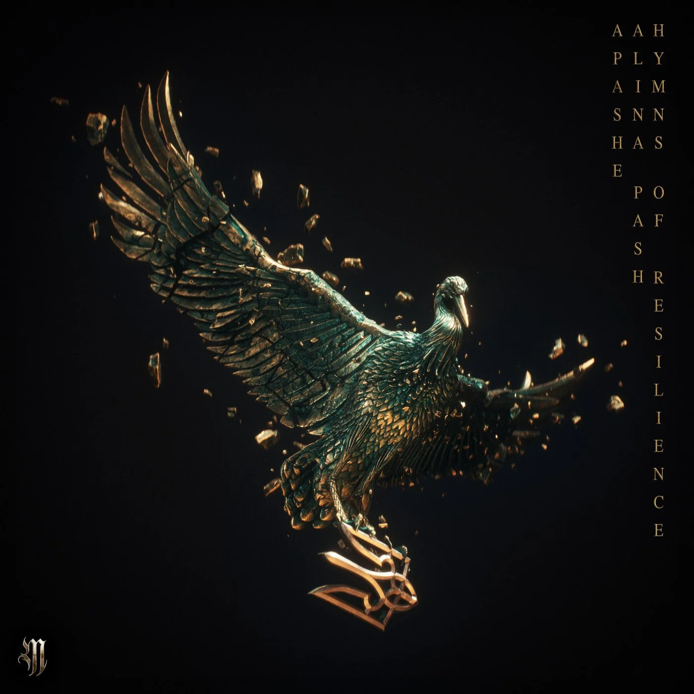 A golden, metallic sculpture of a phoenix with outstretched wings, against a black background. The sculpture appears to be shattering into pieces, with fragments floating around. There is gold-colored text on the right side that reads 'A P H I L S N 