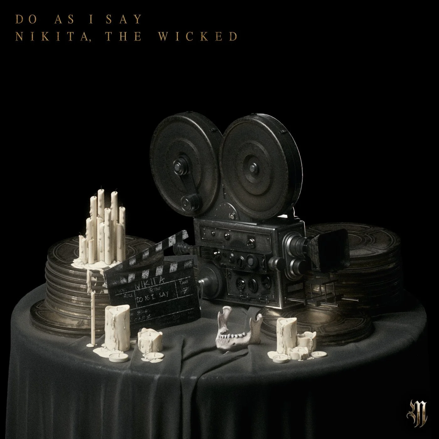 Nikita, The Wicked - DO AS I SAY album cover album cover art artwork. A black vintage film camera sits on a table decorated with white candles, skulls, and film reels, with a black dark background.