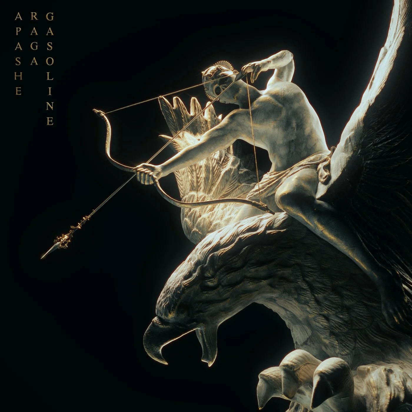 A metallic sculpture of a warrior riding a winged eagle, holding a bow and arrow, with the title 'ARG PAAG SHE SO LIN' vertically aligned on the left.