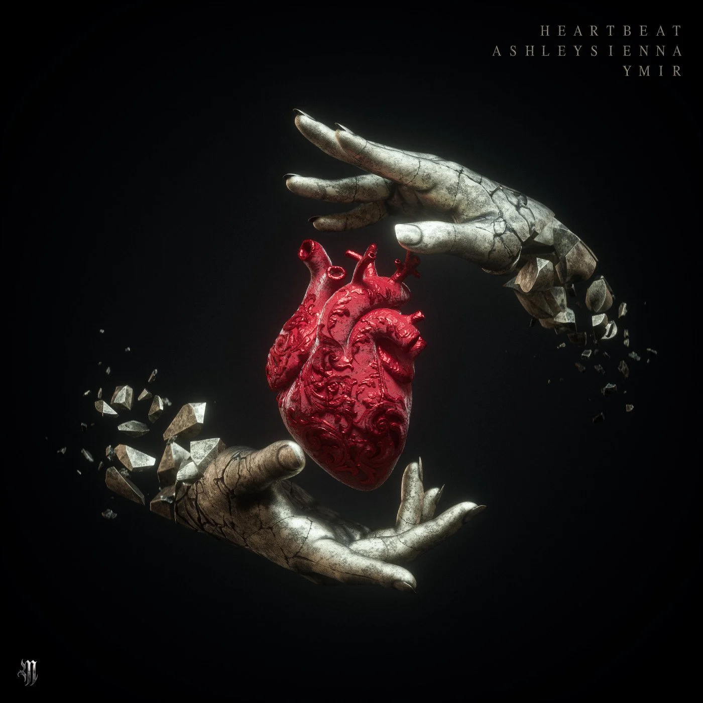 Ashley Sienna, YMIR HEARTBEAT album cover art artwork. Two metallic hands holding a realistic red human heart against a black background, with some broken pieces floating around.