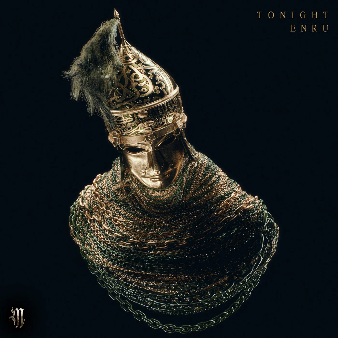 A gold-colored metallic mask resembling a human face with no eye openings, topped with an ornate crown-like structure featuring a feather. The figure is draped in multiple layered gold chains, creating a textured neck and shoulder area. The backgroun