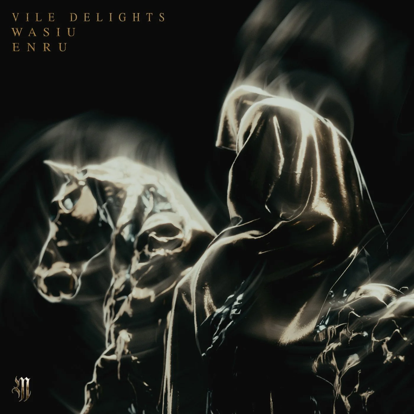 Close-up of reflective, crinkled metallic material with black background, text in the upper left corner reading 'Vile Delights Wastu Enru'.