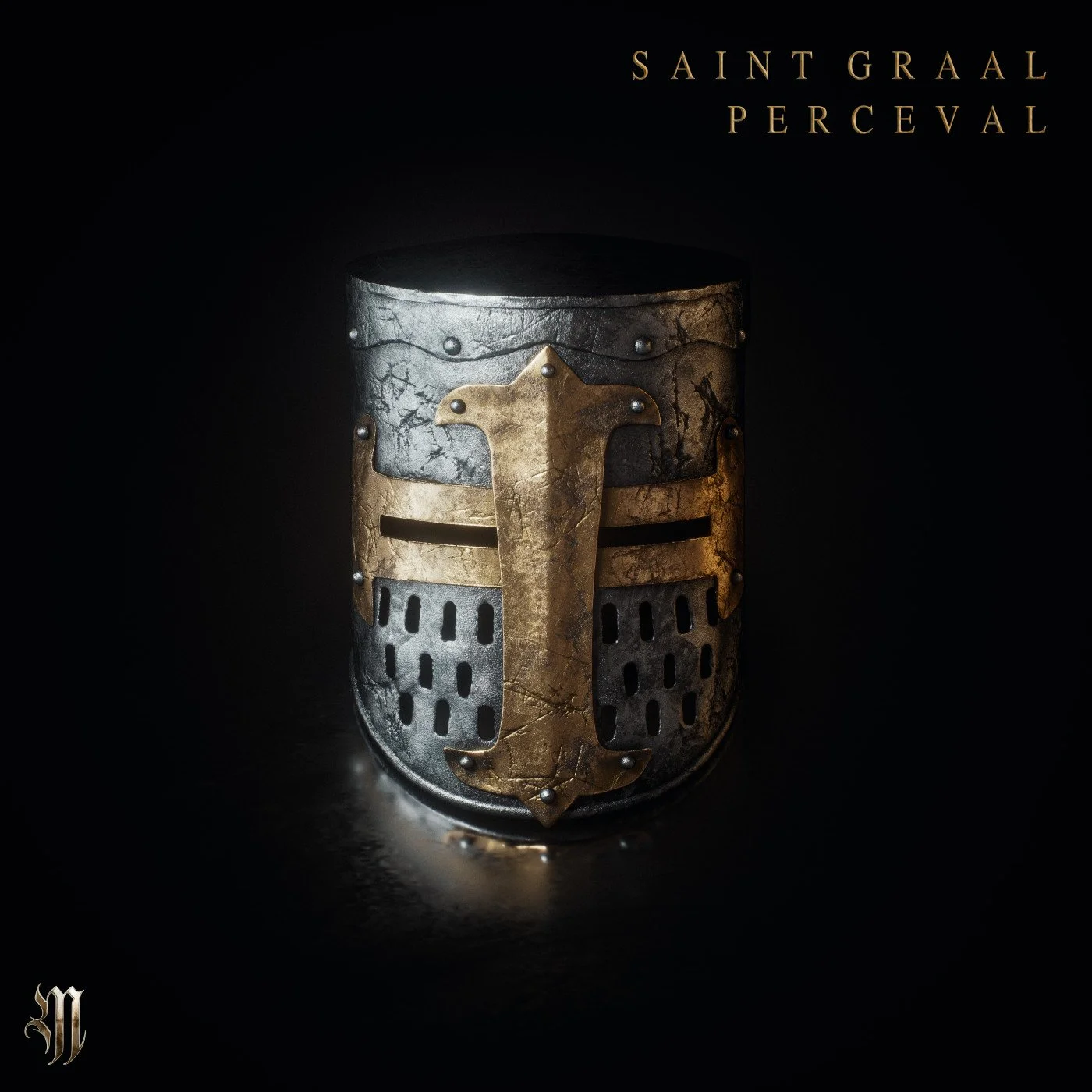 A medieval knight's helmet with a metal faceplate, featuring a crest and ventilation slots, illuminated against a dark background. Text in the top right corner reads 'Saint Graal Perceval'.
