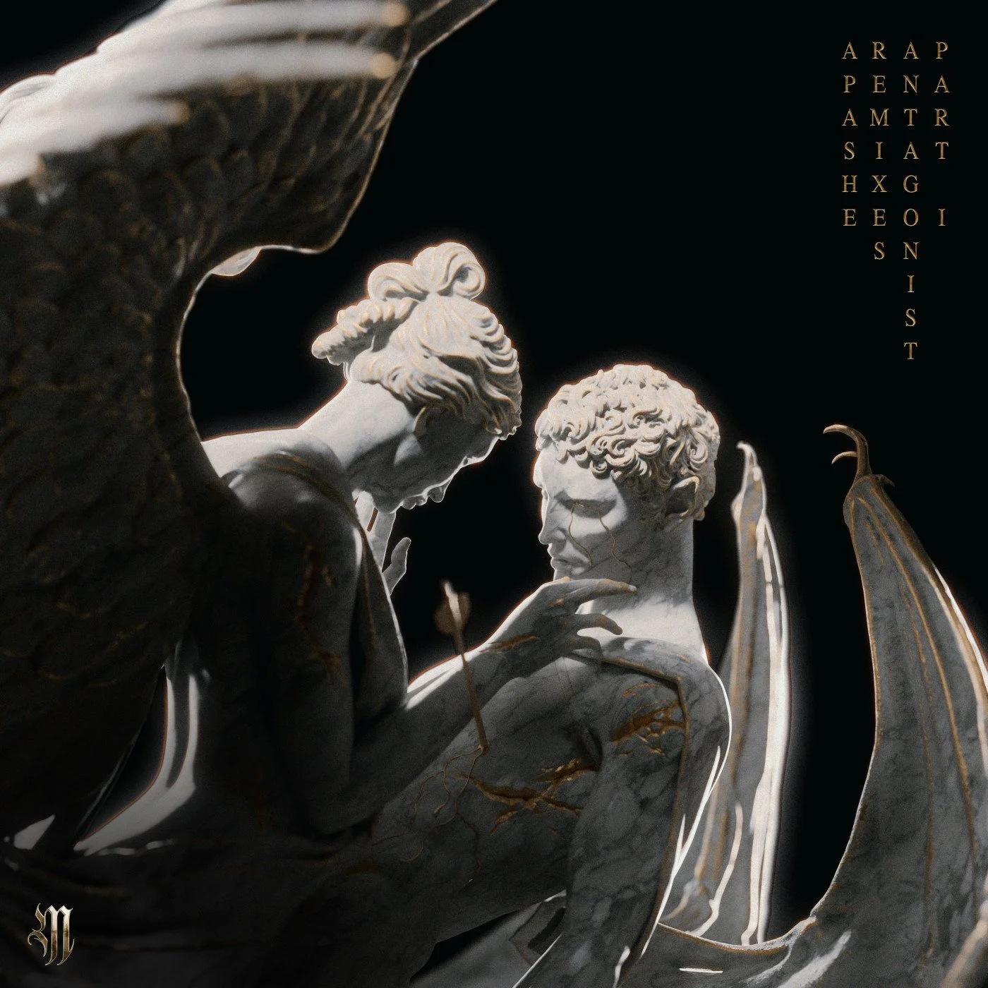 Close-up of a white marble sculpture depicting two angels with wings, one with curly hair and the other with a beaded headpiece, in a dark background with stylized gold text at the top right and bottom left.