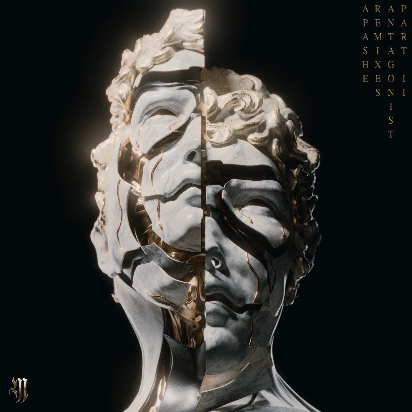 A metallic sculpture of a classical Greek or Roman bust with a split down the middle, revealing layered and fragmented internal parts on a black background.