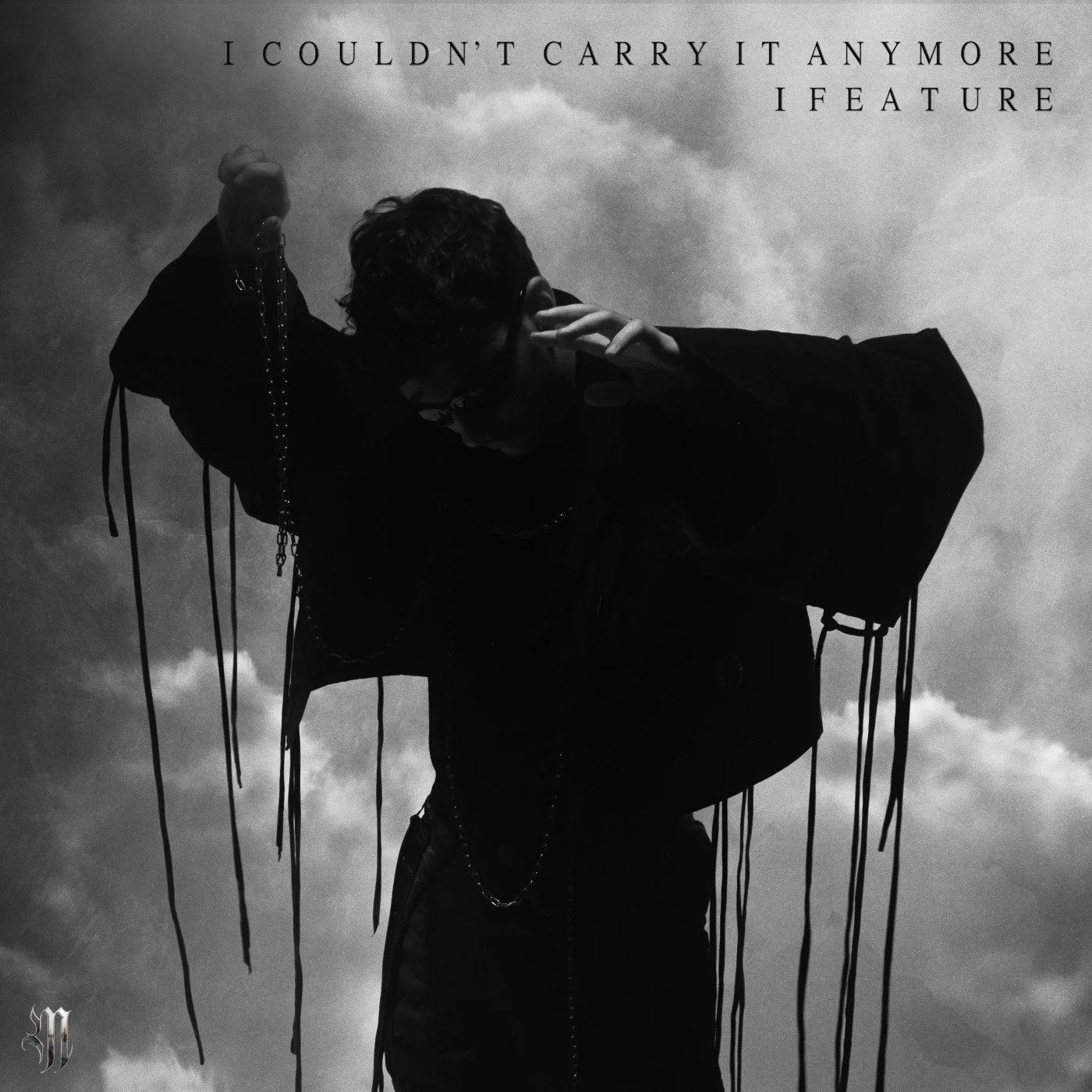 iFeature I Couldn't Carry Anymore album cover art artwork black and white photo of a man with glasses, wearing a jacket with long tassels hanging from the sleeves, holding his head with one hand while the other hand is raised. The sky with clouds