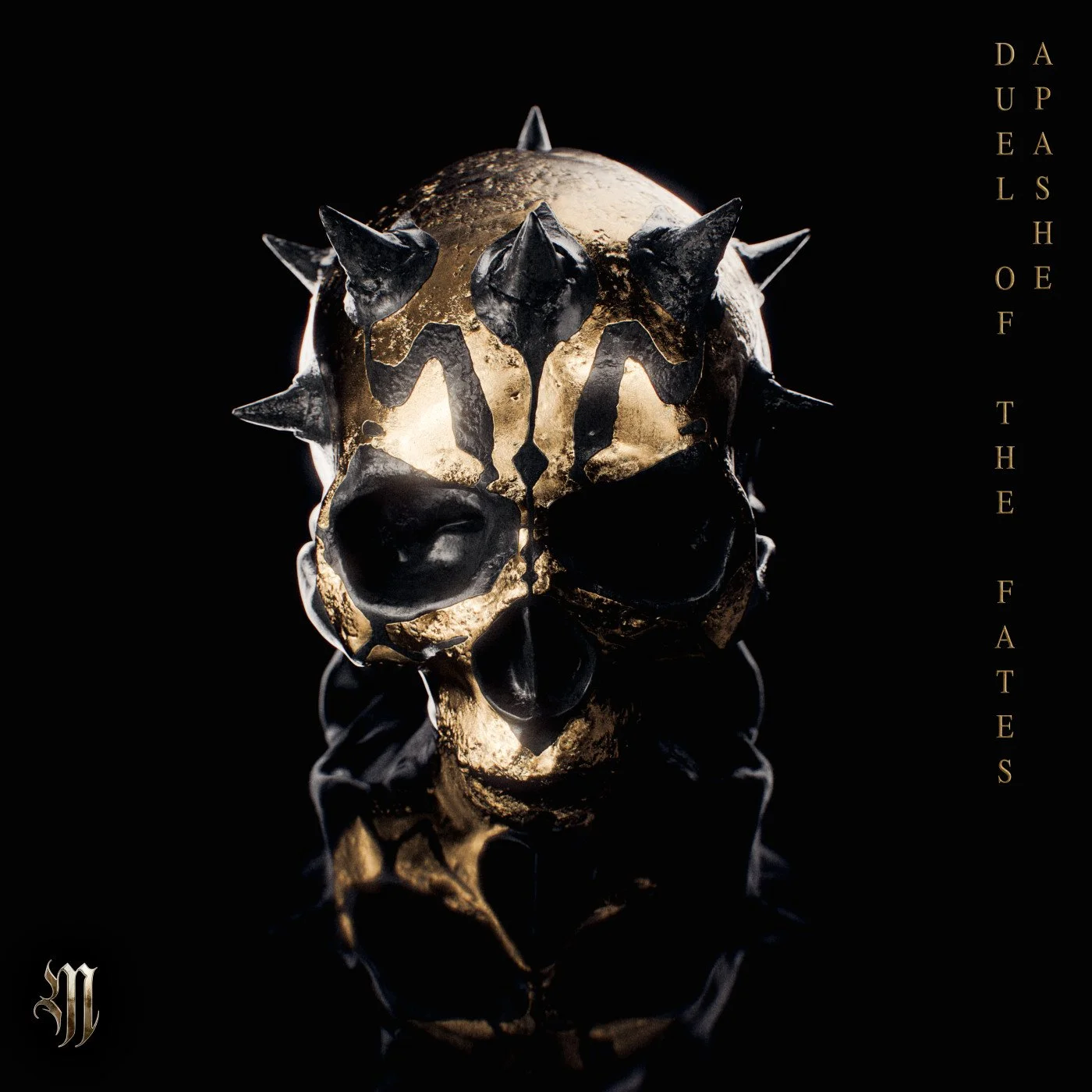 A golden skull sculpture with black spikes and details, reflected on a black surface with a dark background, with the text 'DUE TO THE FATES' and a stylized 'M' logo.
