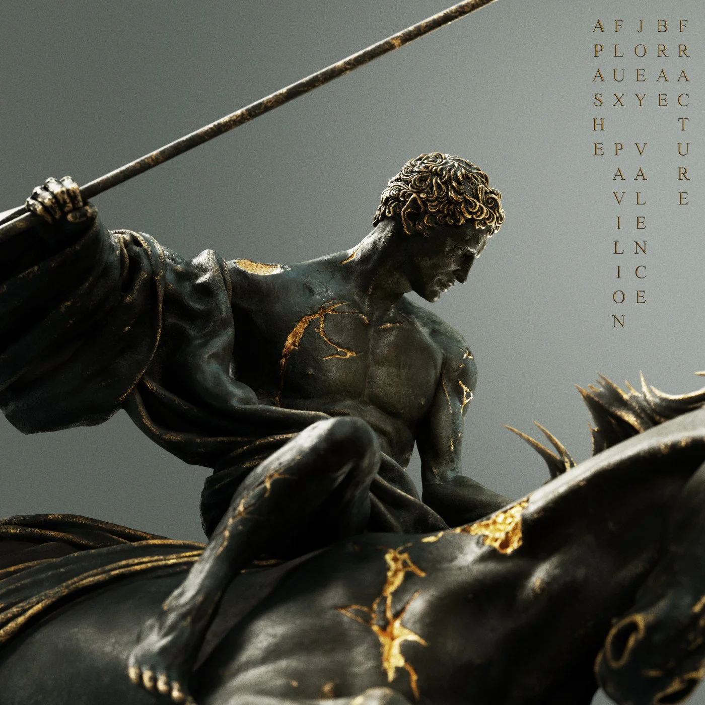 Close-up of a black sculpture of a male warrior with curly hair, holding a spear, with gold accents on the body and drapery, against a plain gray background.