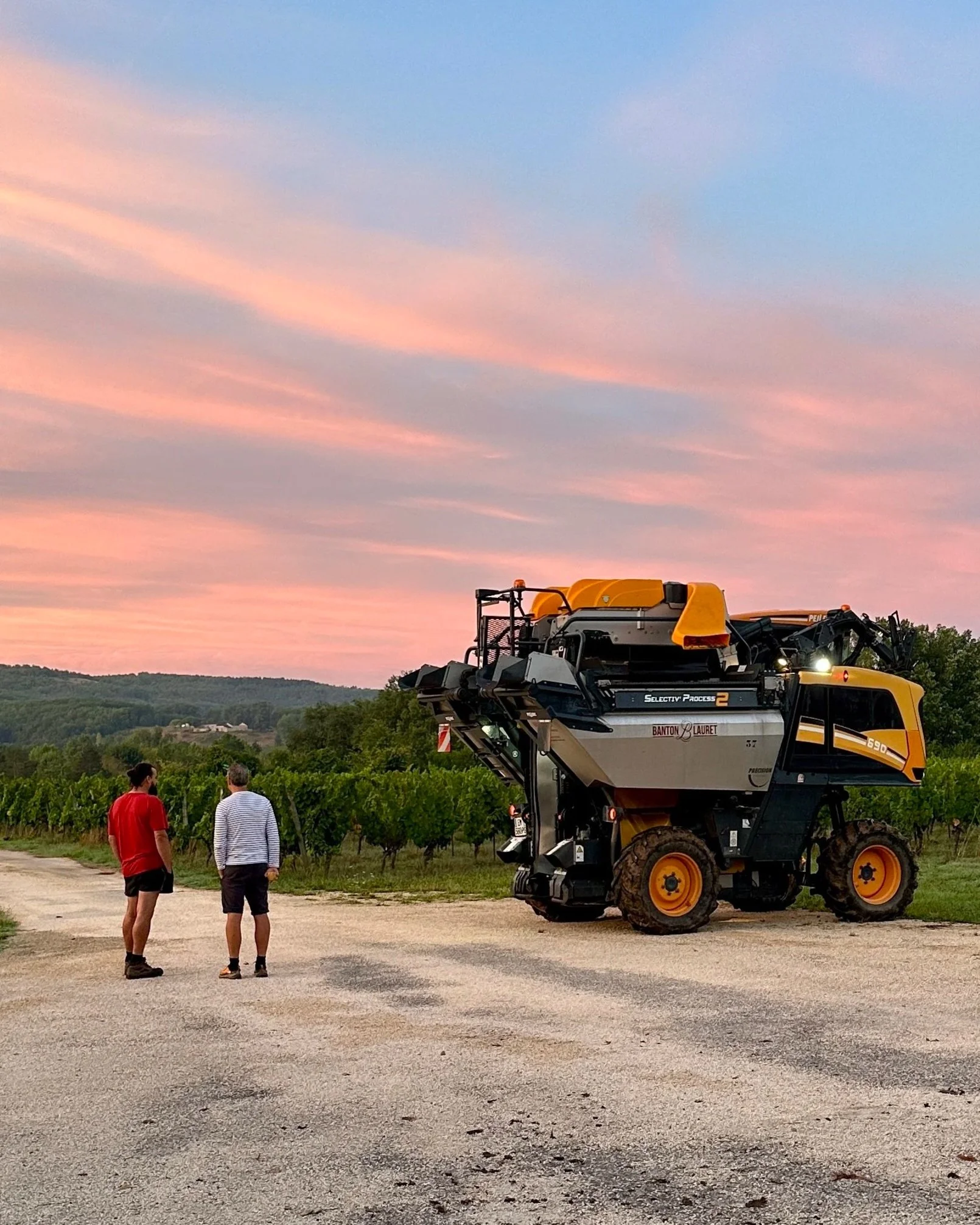 Two people standing in a vineyard at dusk, talking, with a large yellow vineyard equipment vehicle nearby and a sunset sky with pink and blue clouds.