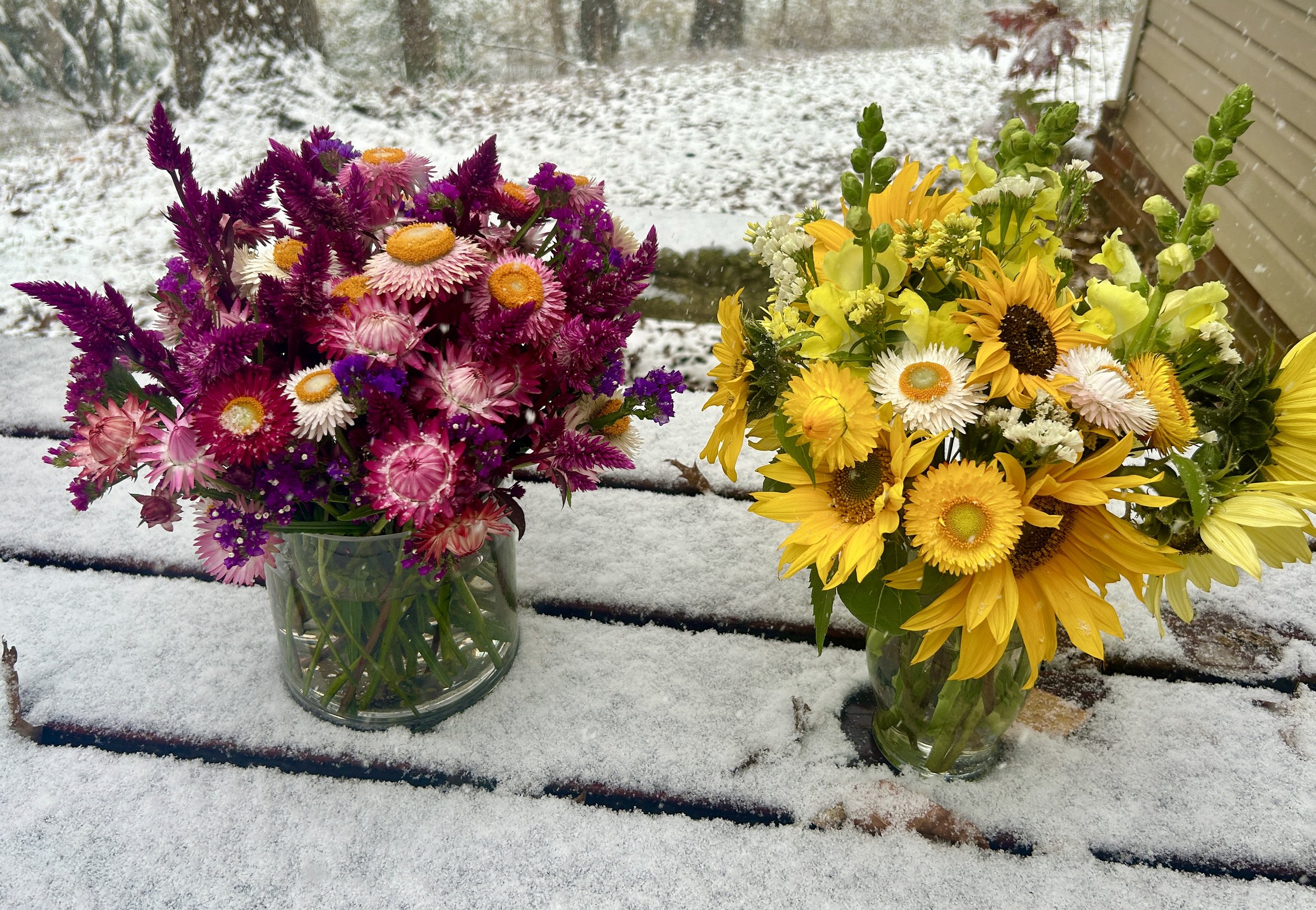 Two vases of colorful flowers placed on a snow-covered outdoor table with a snowy yard and trees in the background.