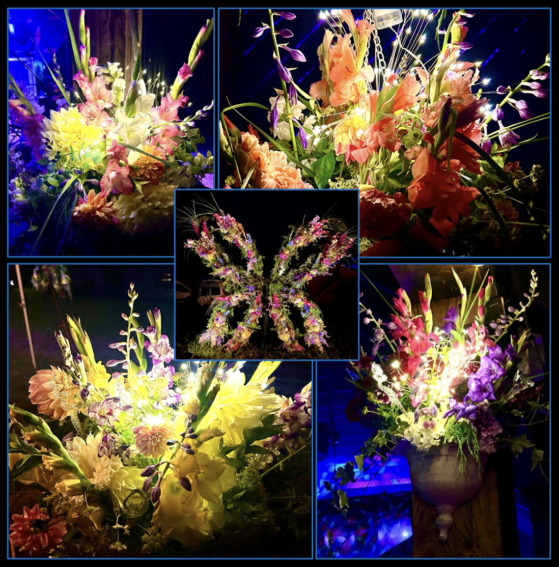 A collage of five photos showcasing vibrant floral arrangements, including a butterfly-shaped display made of flowers, illuminated with colorful lighting, featuring various flowers like lilies, delphiniums, and roses in different colors and styles.