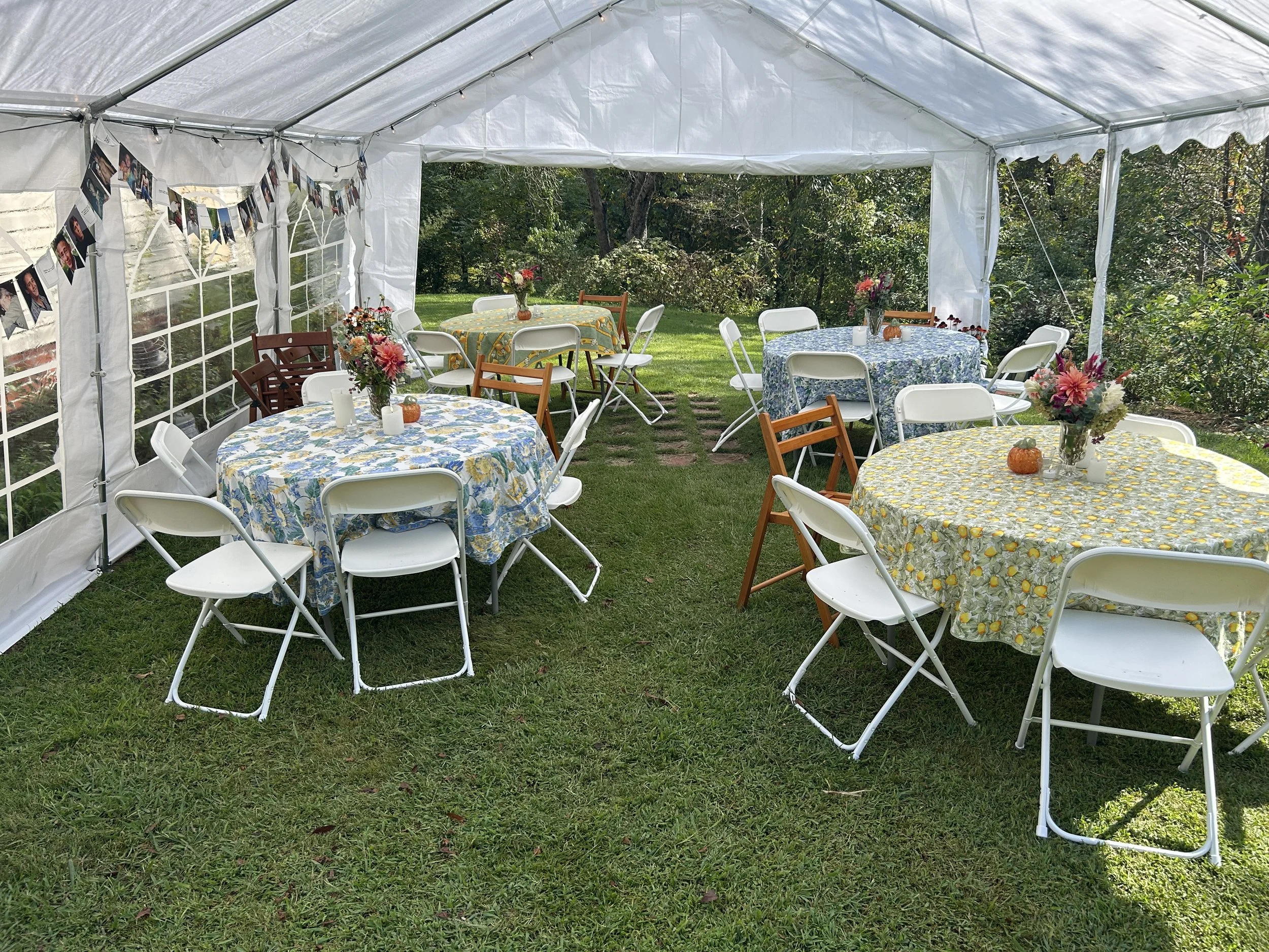 Outdoor event setup with round tables covered in floral and lemon-themed tablecloths, decorated with floral centerpieces and small pumpkins, inside a white tent with string lights and photo garland, on a grassy lawn with trees.