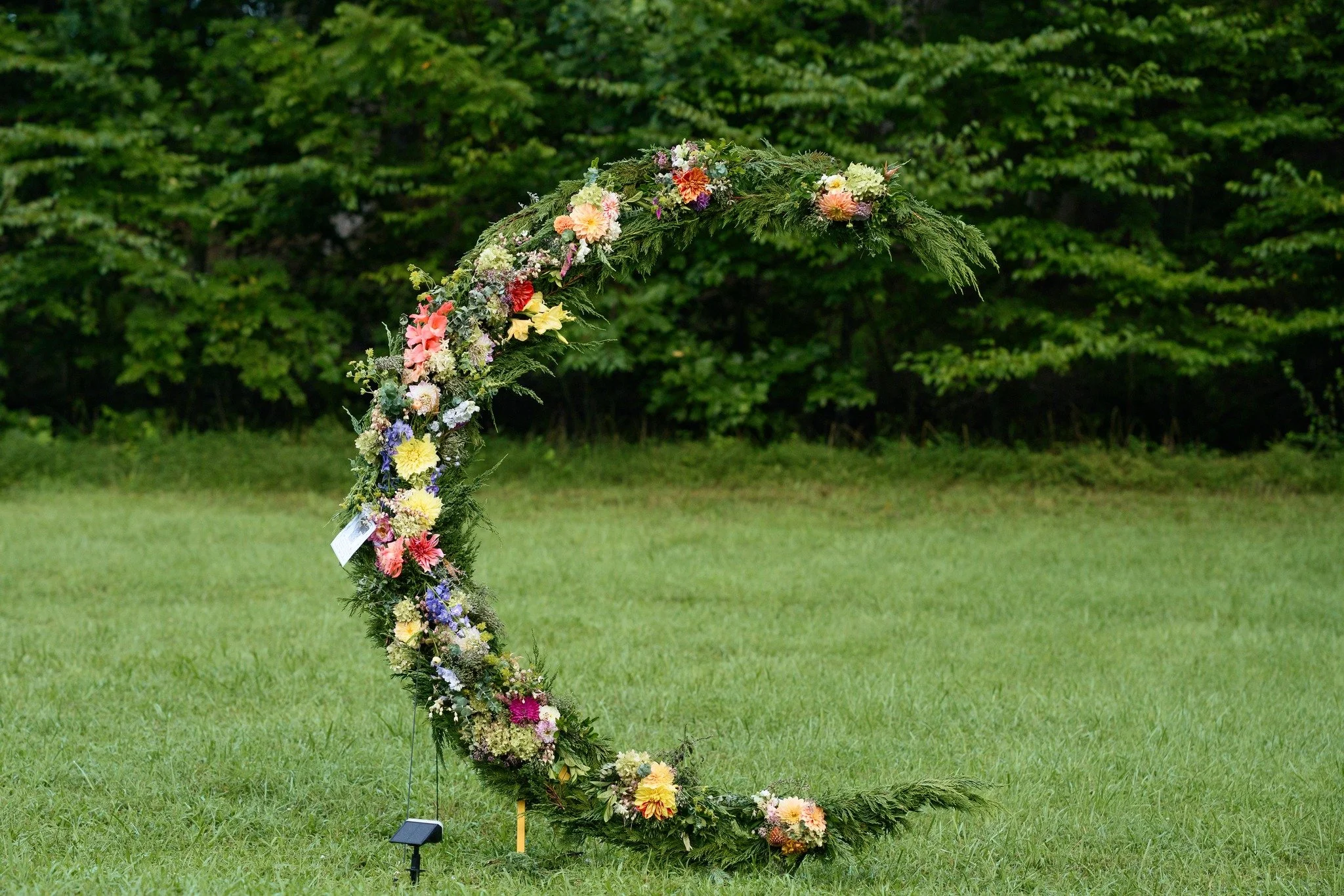 A floral wedding arch decorated with various colorful flowers, set up outdoors on a grassy area with green trees in the background.