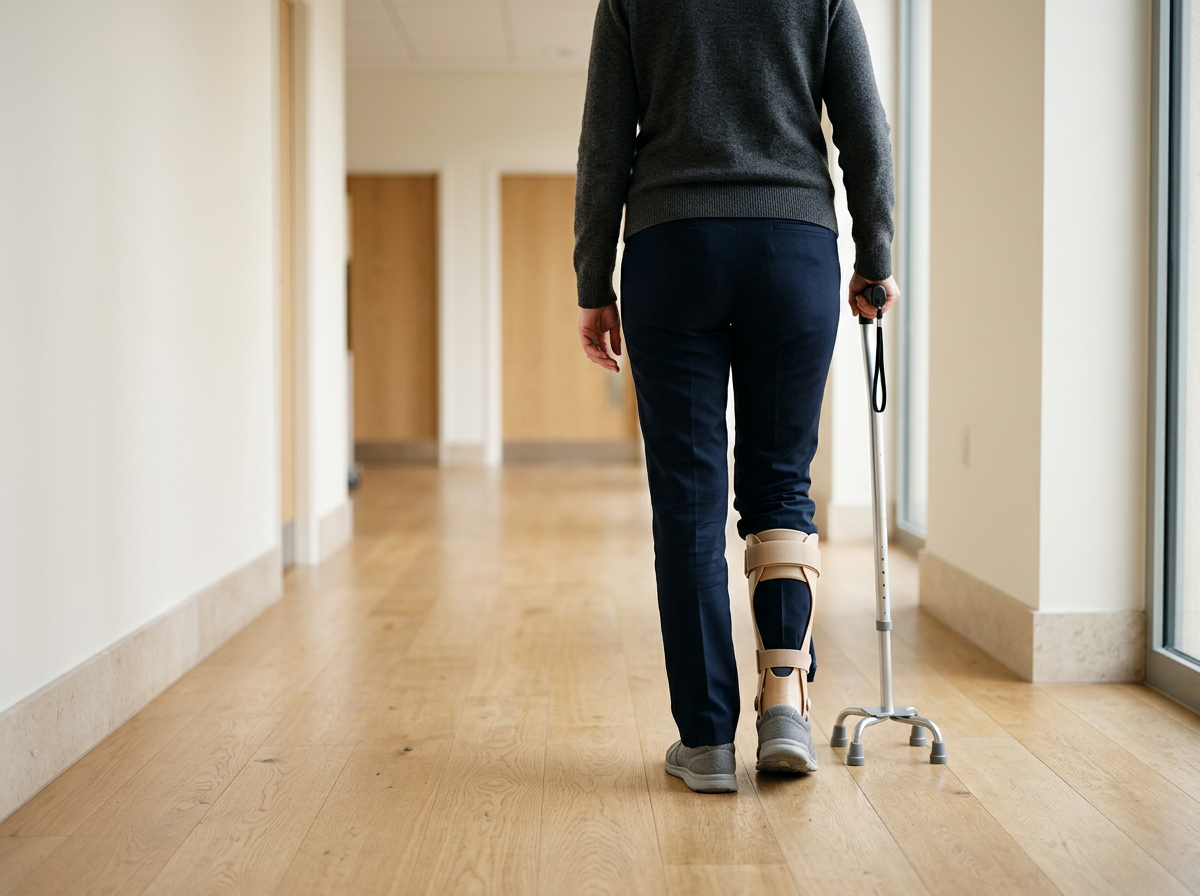 A person walking in a hallway with a crutch and a leg brace.