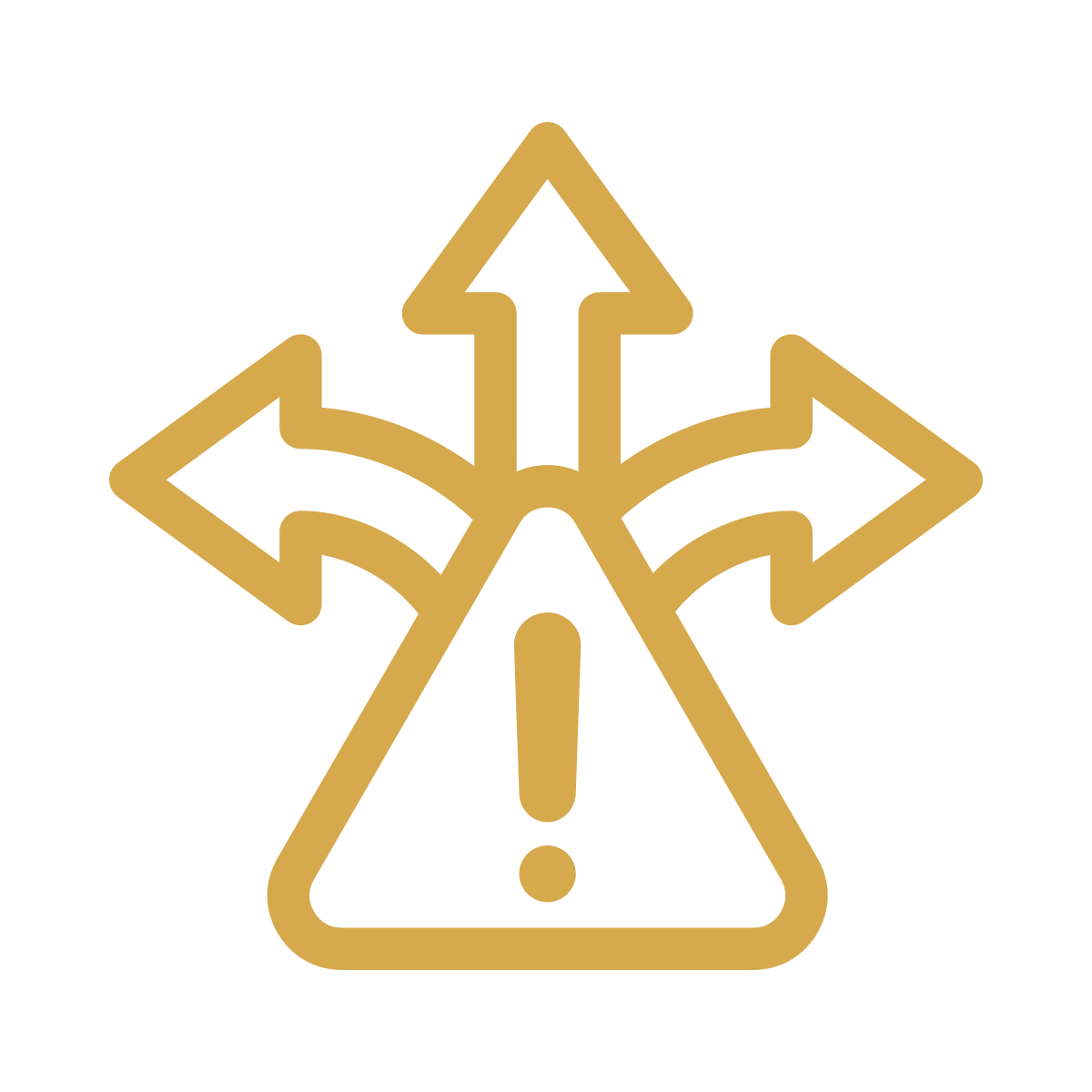 Gold warning icon with arrows pointing in multiple directions around a triangle with an exclamation mark.
