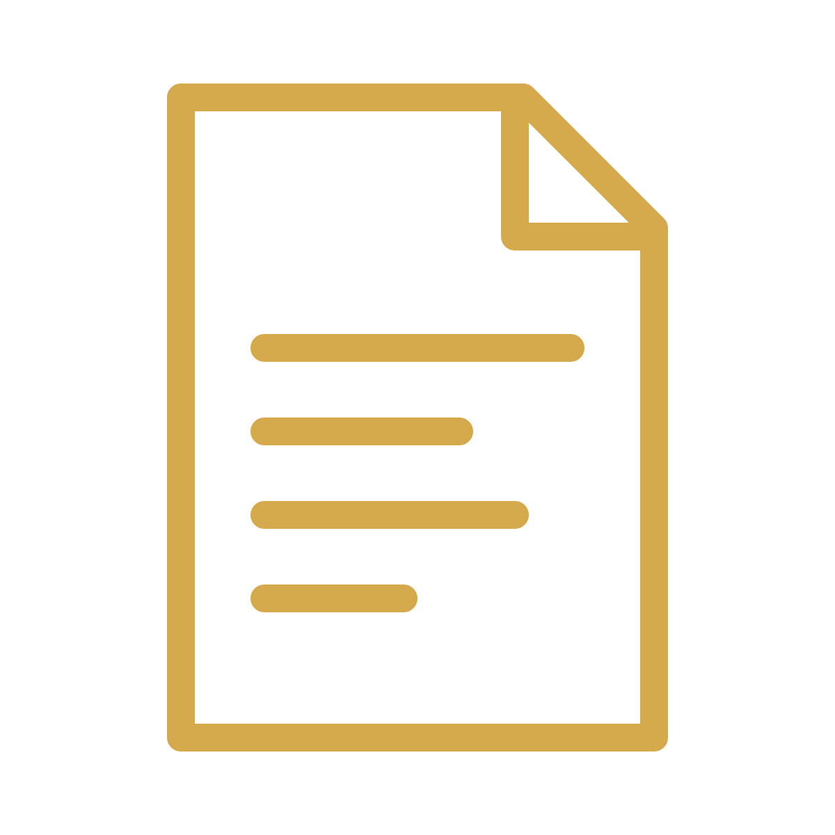 Gold outline icon of a document or report with lines of text.
