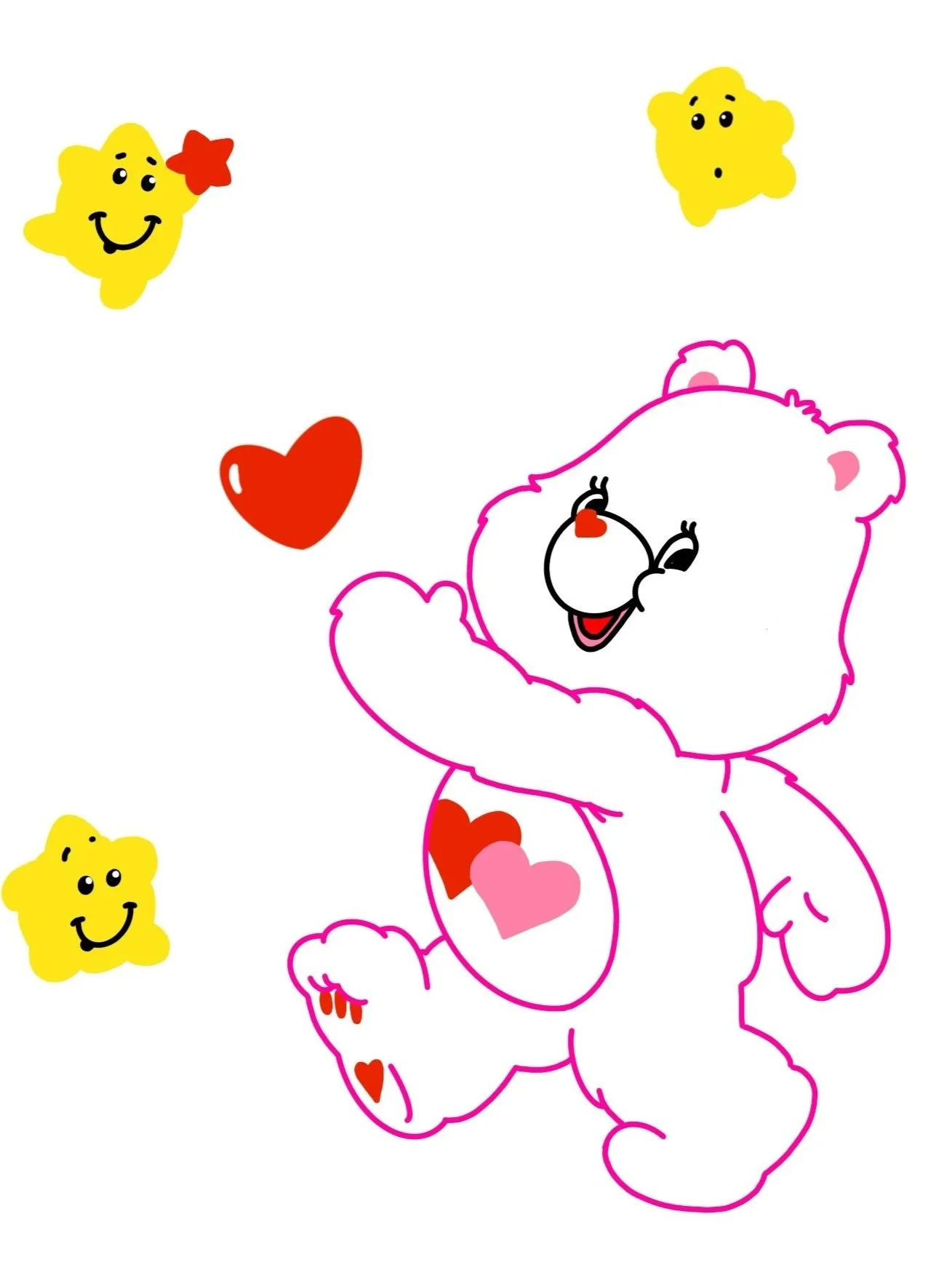 A cartoon illustration of a smiling white bear with pink outline, surrounded by yellow stars and red and pink hearts.