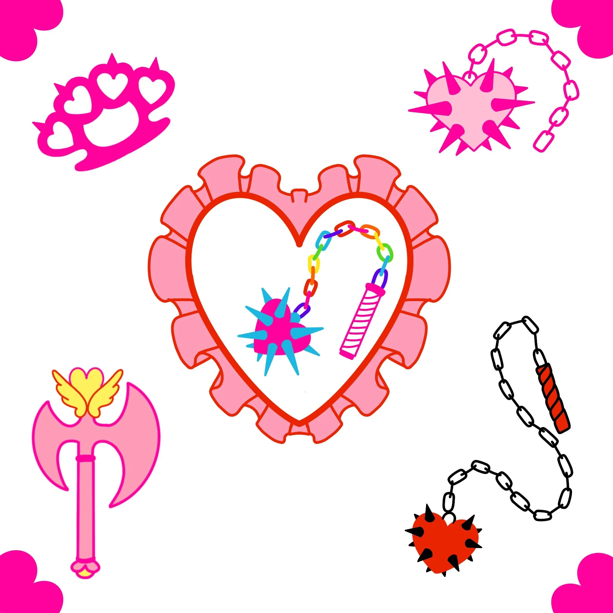 Colorful digital illustration of a pink morgenstern with a rainbow-colored mane and tail, surrounded by various fantasy elements like hearts, stars, and geometric shapes, set against a white background with pink decorative borders.