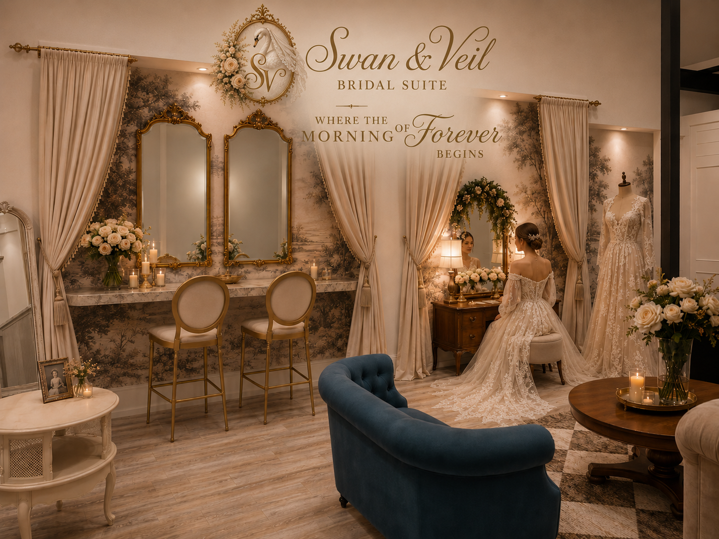Enchanting and elegant bridal suite, a bride sitting in front of a mirror, and wedding dresses displayed. The room features gold-framed mirrors, floral arrangements, candles, and cream curtains with a mural background. Central Illinois