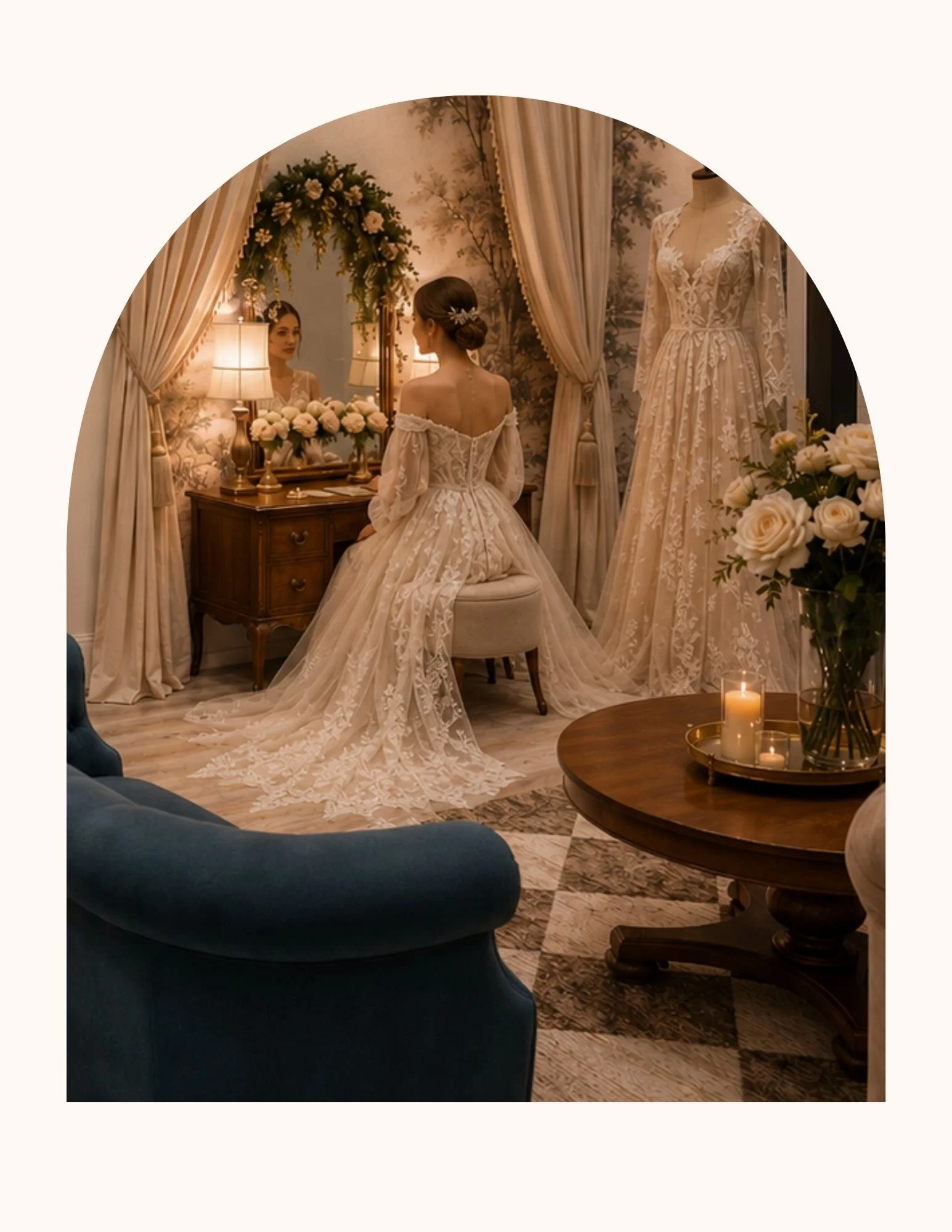 Elegant bridal suite woman in a wedding dress sitting in front of a mirror, with a mannequin dressed in a lace gown beside her, floral arrangements, curtains, and a table with candles in a decorated room. Enchanting space for brides to get ready.