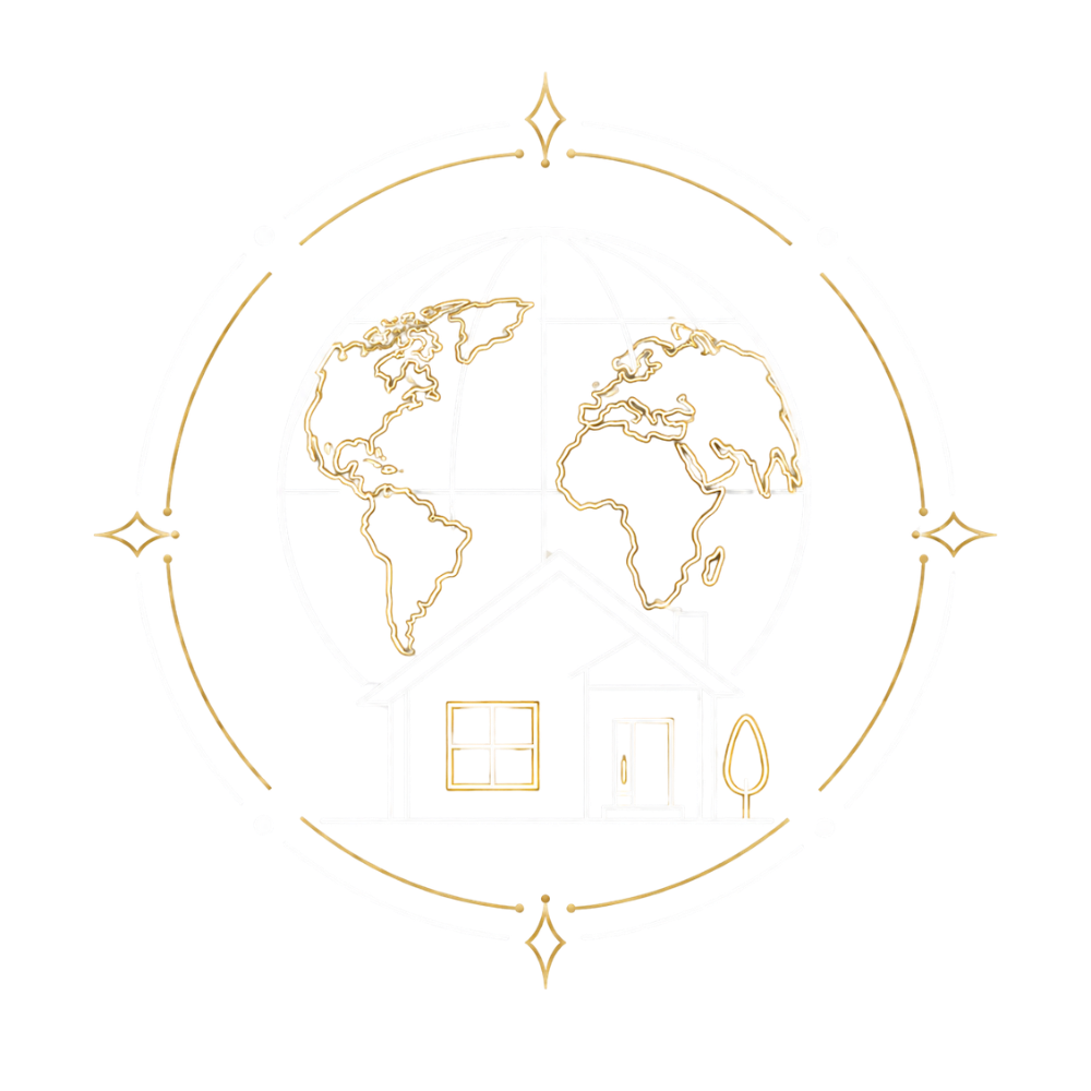 Outline of a house with a tree in front, with a globe showing North and South America, Europe, Africa, and parts of Asia behind, surrounded by decorative circles and stars, on a black background.