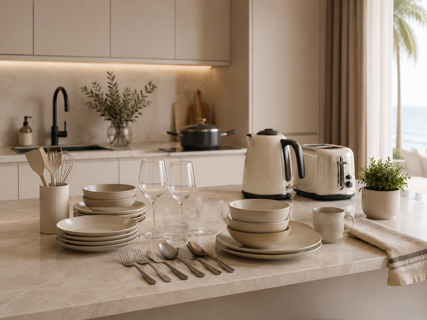 Kitchenware, small appliances, utensils, and household essentials included in a furnishing package in North Cyprus.