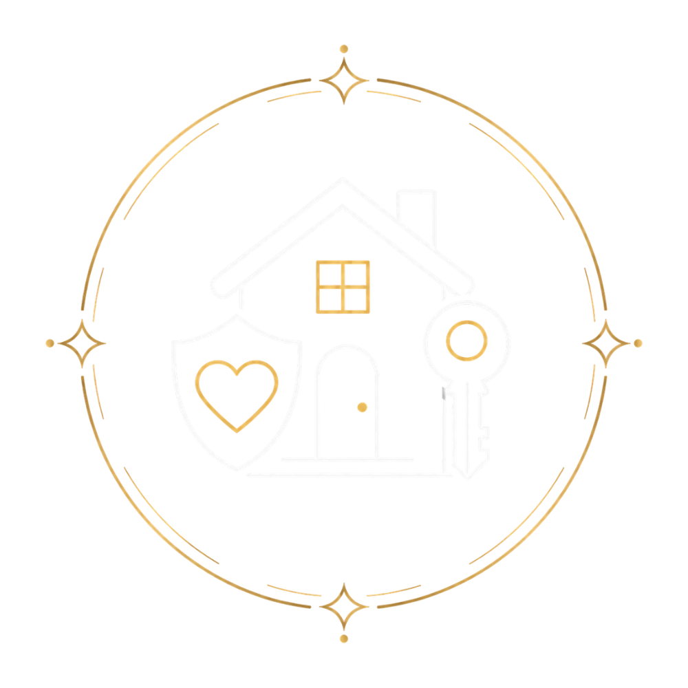 Simple illustration of a house with a heart symbol inside, surrounded by a decorative circular border.