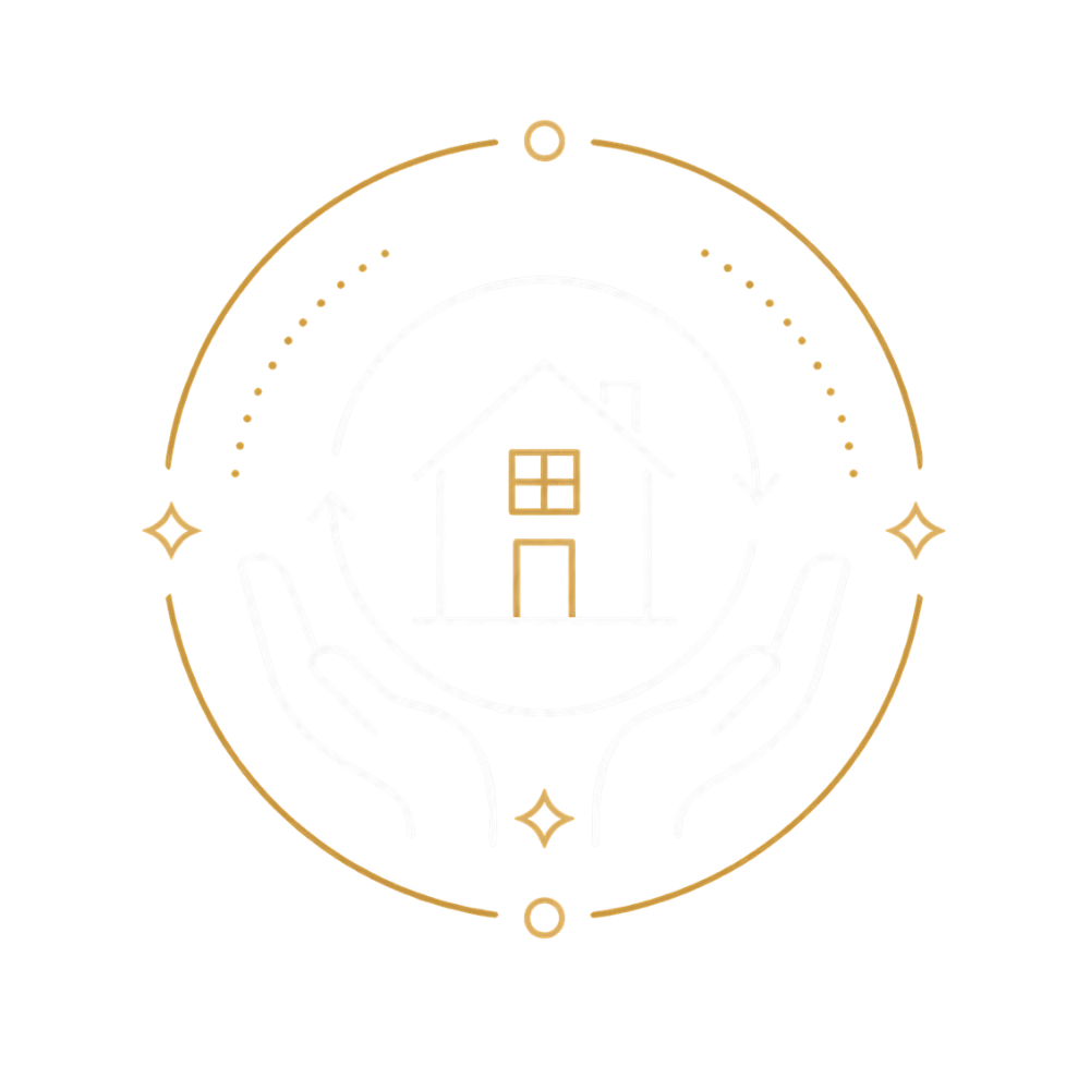 Illustration of two hands holding a circle with a house inside. The house has a pitched roof, four windows, and a chimney. Decorative elements include small stars and dots around the circle, with a gold and white color scheme on a black background.
