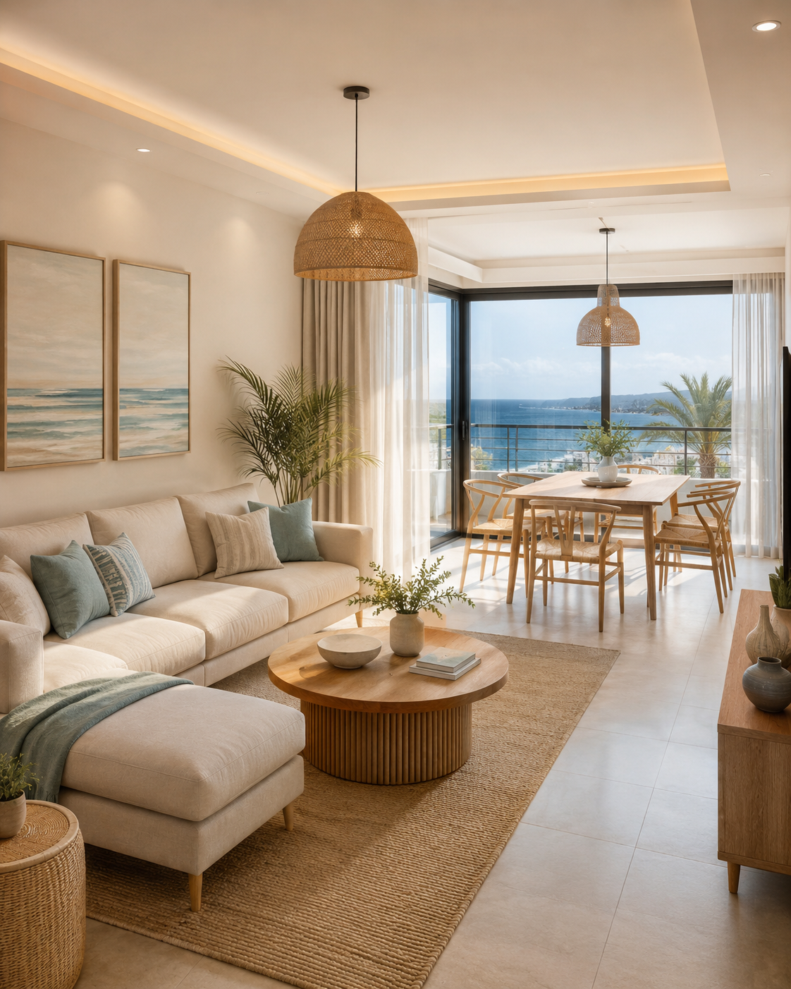 Rental-ready furnished apartment with modern interior design and sea view in North Cyprus.