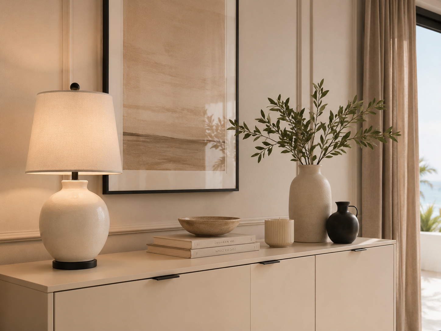 Décor and styling items for a modern furnished apartment in North Cyprus.