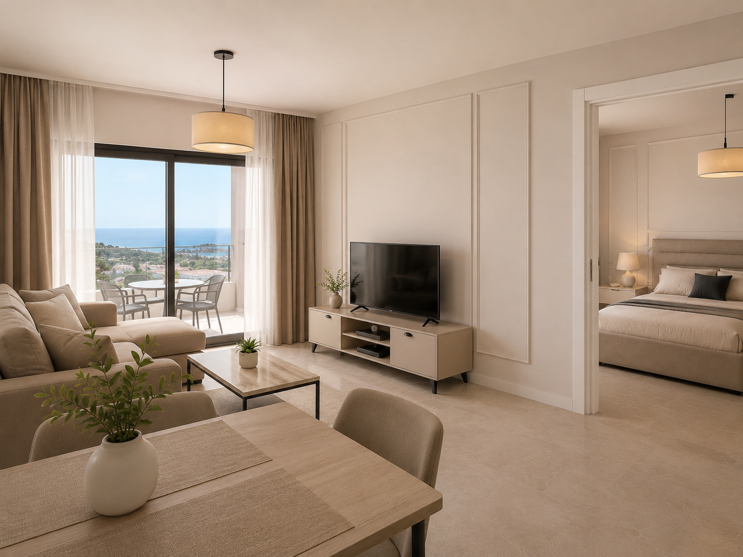 Essential 1+1 apartment furnishing package with living room, bedroom, and sea view in North Cyprus.