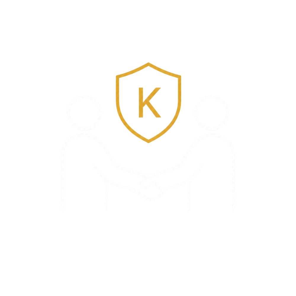 Illustration of two abstract human figures shaking hands, with a shield emblem containing the letter 'K' above them.