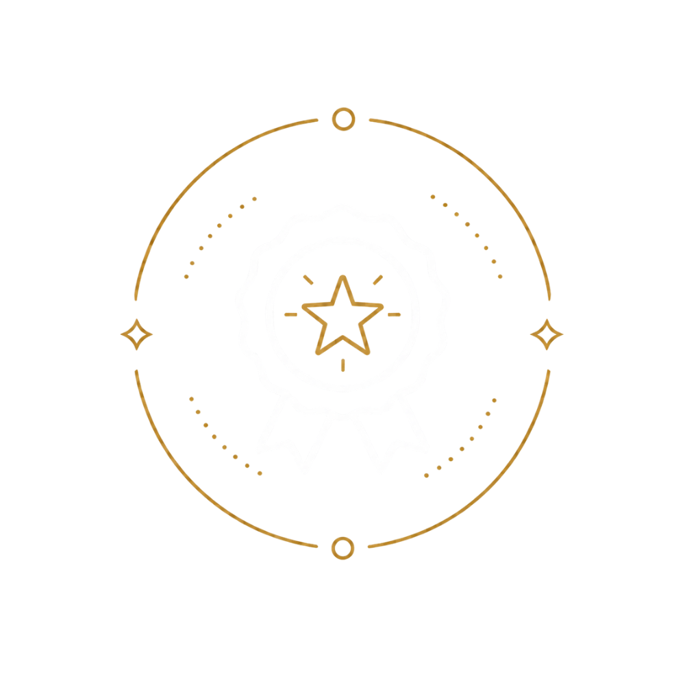 Neon outline of a medal with a star in the center, surrounded by a circular ribbon, against a black background.