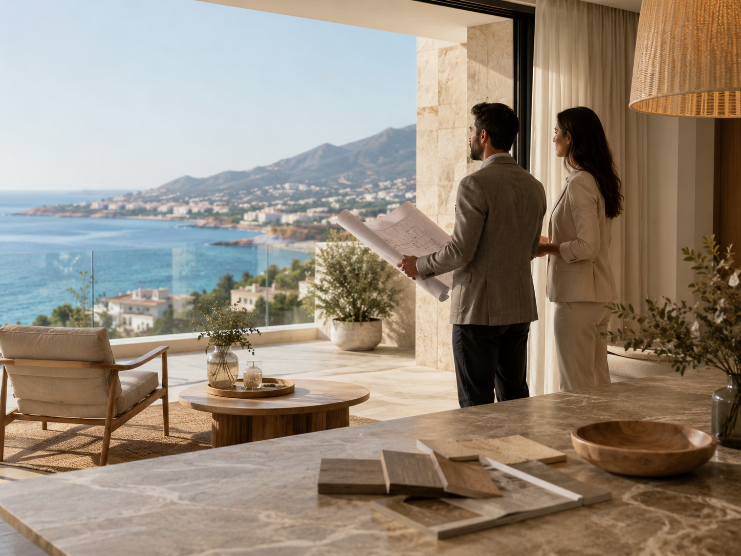 Keyvant consultants reviewing property plans with a coastal view, representing reliable post-purchase property support in North Cyprus.