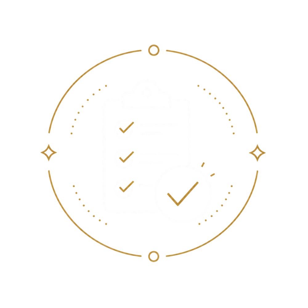 Icon of a clipboard with a checklist and check marks, inside a circular badge with gold, red, and black accents.