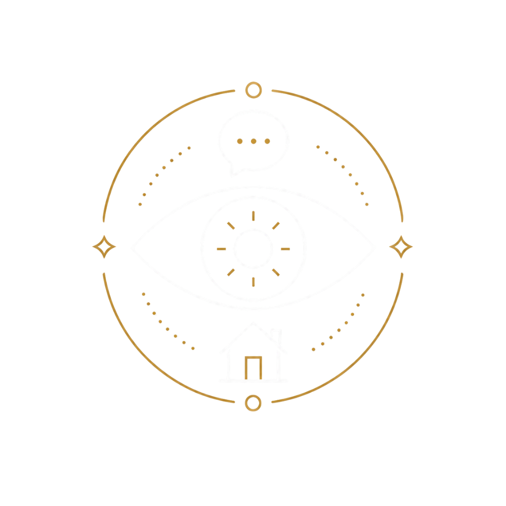 A digital illustration with a central eye, a house below, a speech bubble above, surrounded by a circular pattern with decorative stars and dots, all on a black background.