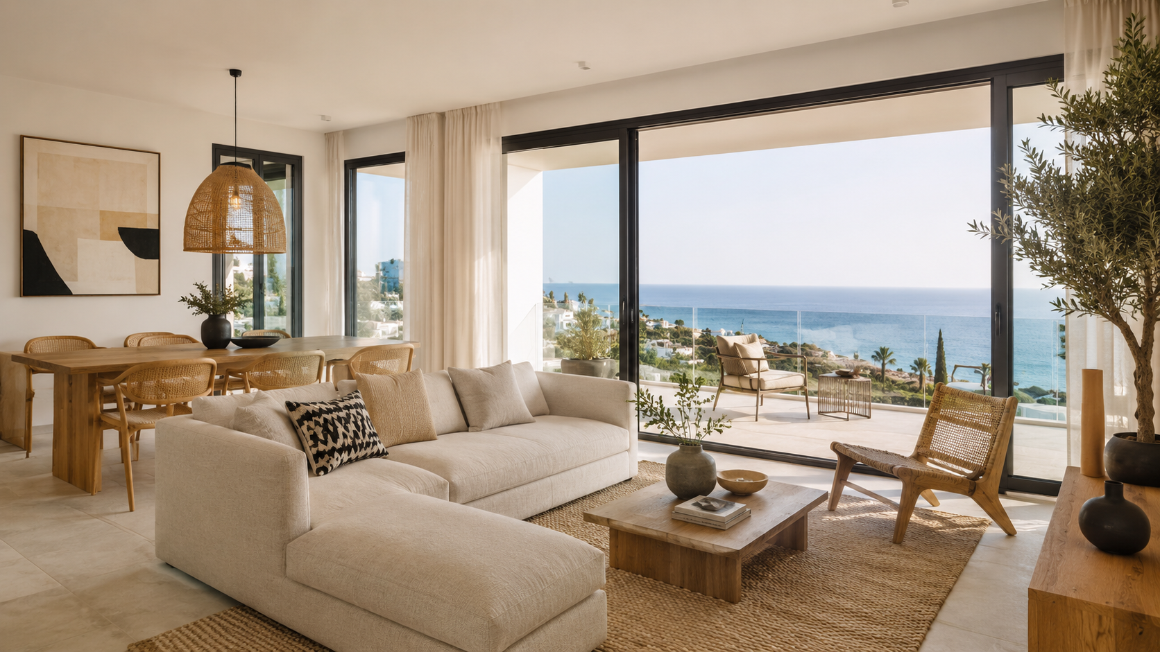Rental-ready furnished apartment with modern interior design and sea view in North Cyprus.