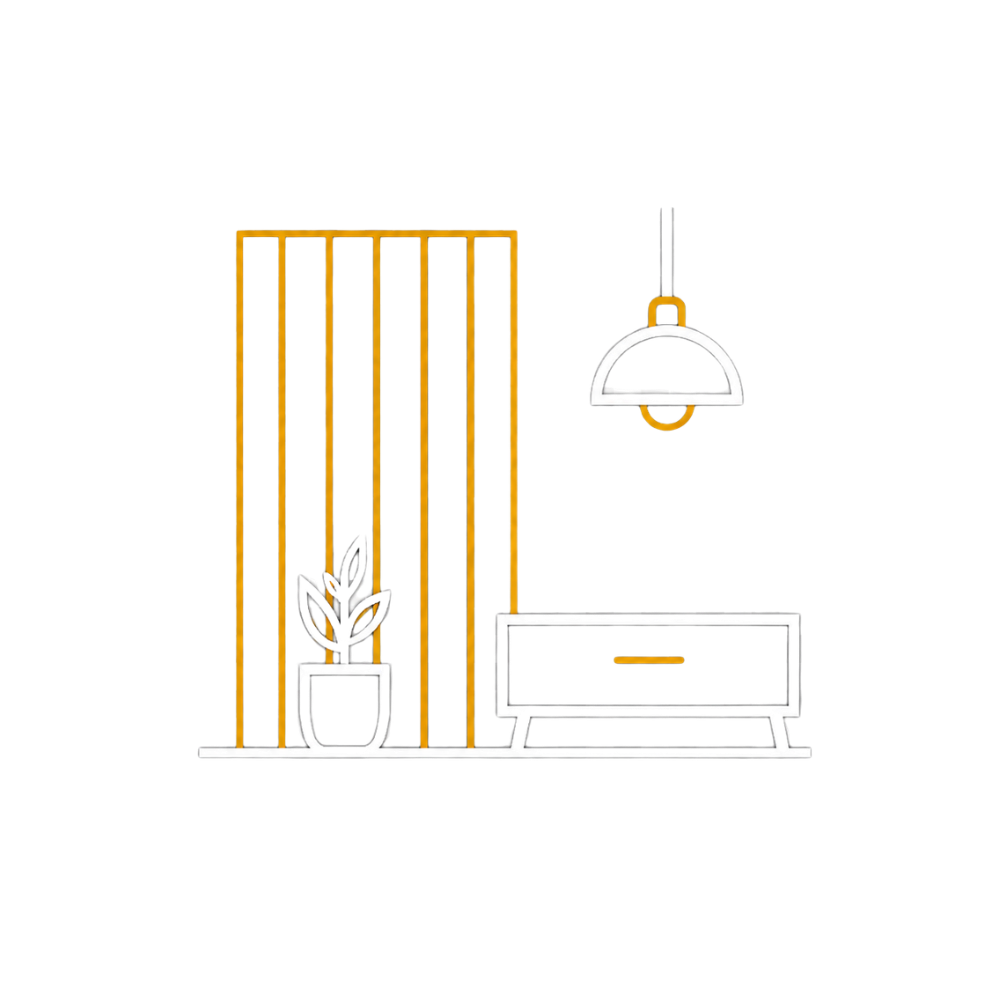 Interior decor with vertical colored panel walls, a hanging lamp, a plant in a pot, and a low cabinet, against a red wall with black background.
