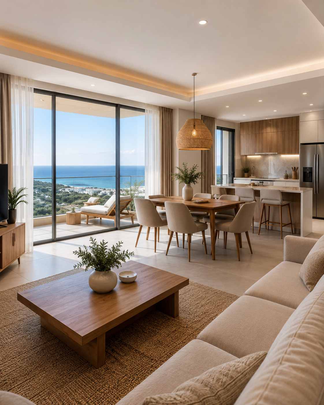 Rental-ready furnished apartment with modern interior design and sea view in North Cyprus.